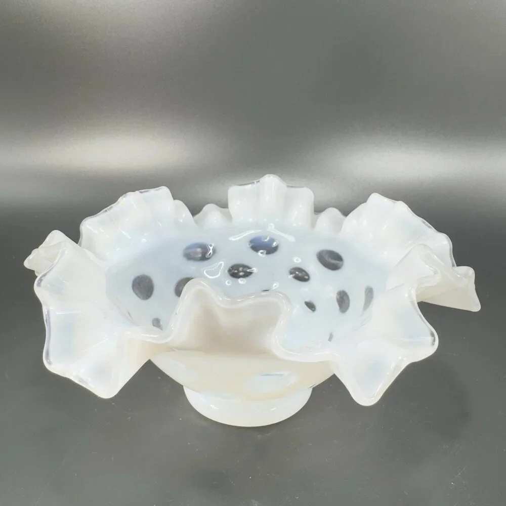 Fenton White Opalescent‎ Clear Coin Dot Ruffled Edge Glass Bowl Dish Vintage